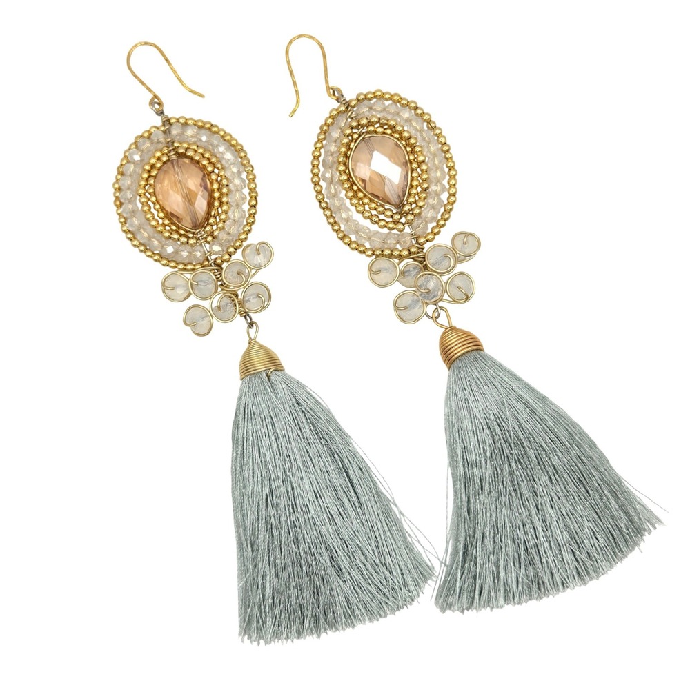Boho‎ Beaded Tassel Drop Earrings Gold Tone Champagne Crystal Sage Green 5.5"